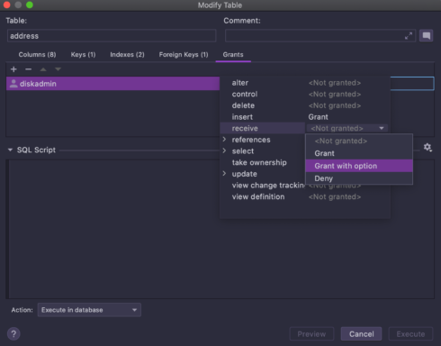 Grants can be modified from the Modify object and Modify user/role dialogs